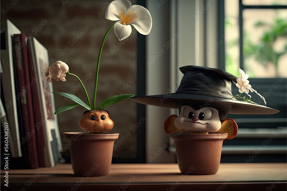 Poster a cartoon character is sitting in a pot with a flower in it and another character is standing behind
