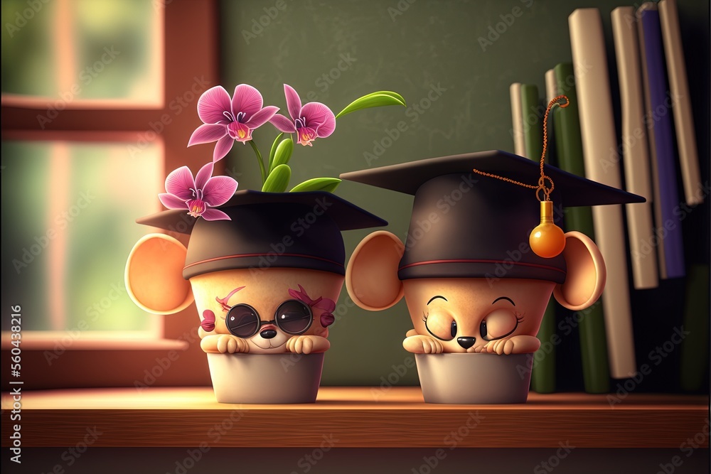 Poster a couple of small pots with flowers in them on a table next to a book shelf with books and a bookcas