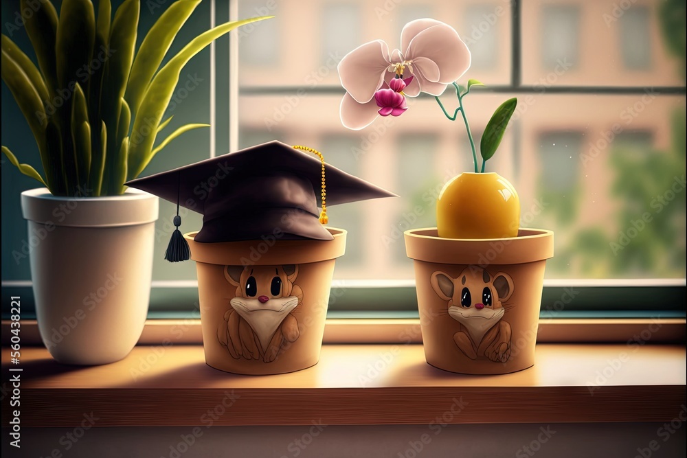 Aufkleber a painting of a flower and a potted plant on a window sill with a graduation cap on it and a flower 