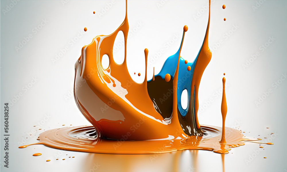 Poster a liquid splashing on top of a white surface with orange and blue colors on it and a white backgroun