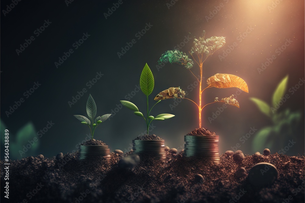 Poster a group of coins with plants growing out of them on top of them in the dark sky with a light shining