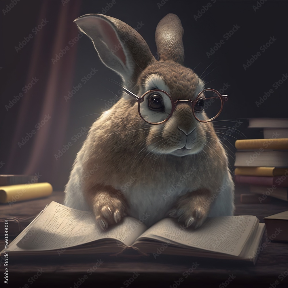 Aufkleber a rabbit wearing glasses sitting on top of a book with books in the background and a stack of books 