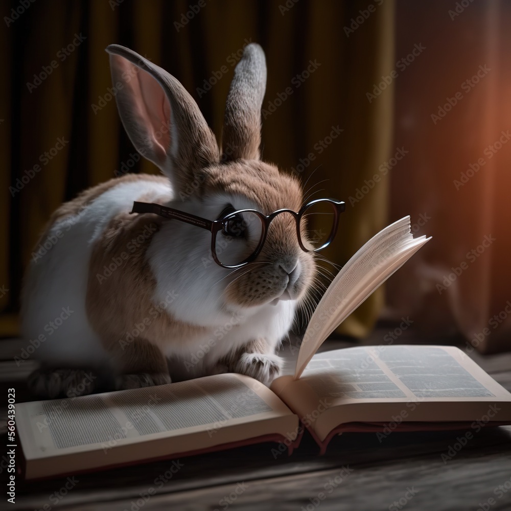 Poster a rabbit wearing glasses reading a book on a table with a light shining on it's face and a curtain b