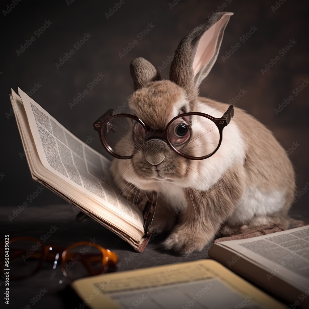 Poster a rabbit wearing glasses reading a book with a book in front of it and a pair of reading glasses on 
