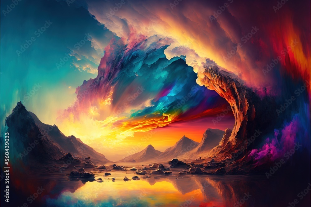 Poster a painting of a colorful wave crashing into a mountain range with a sunset in the background and a r