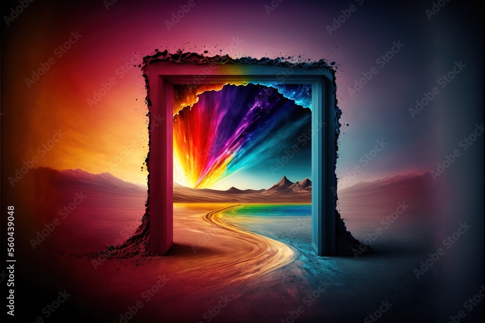Aufkleber a painting of a rainbow colored sky with a rainbow colored frame in the middle of it and a rainbow c