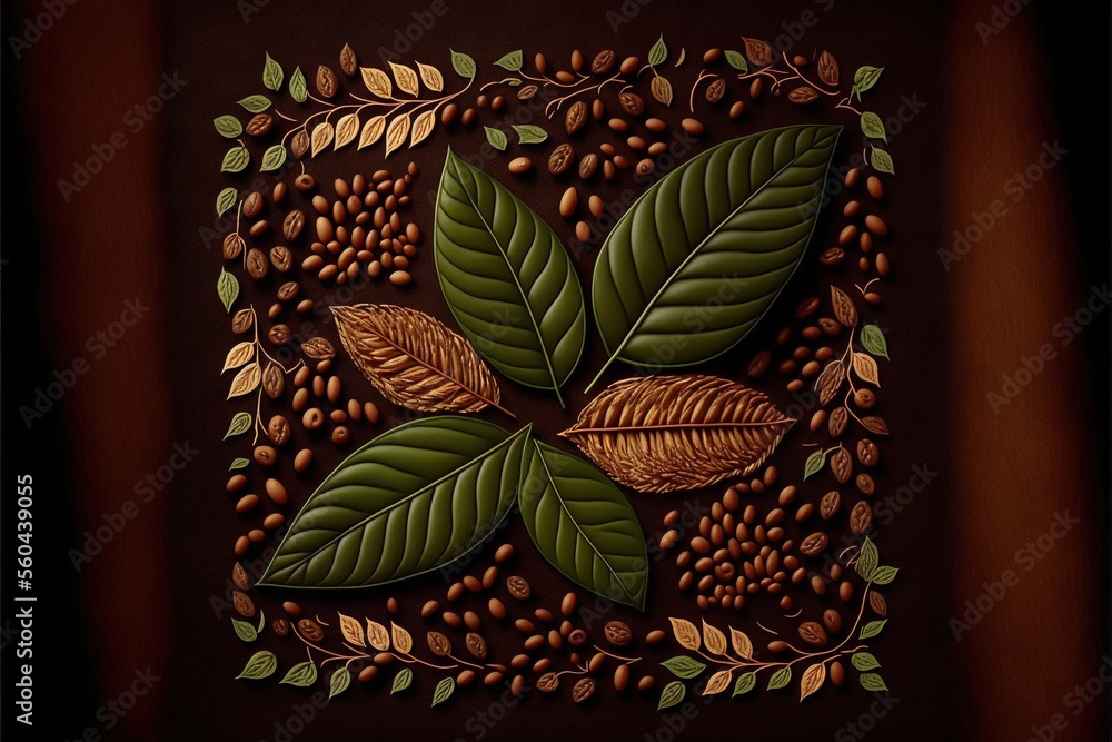 Poster a painting of coffee beans and leaves on a brown background with a brown border around it and a brow