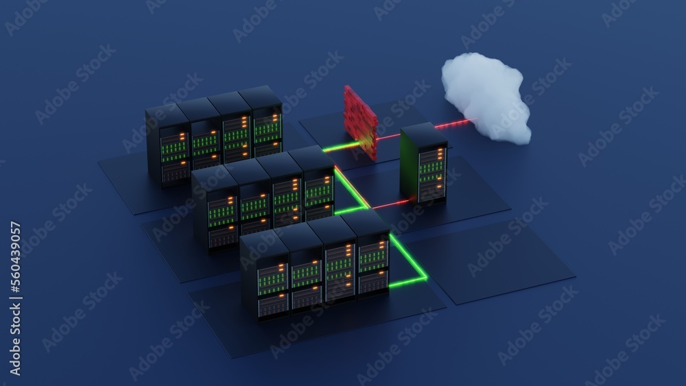 Poster datacenter with servers, cloud services, 3d rendering