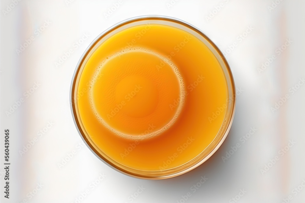 Poster a glass of orange juice on a white background with a shadow of the glass in the middle of the glass 
