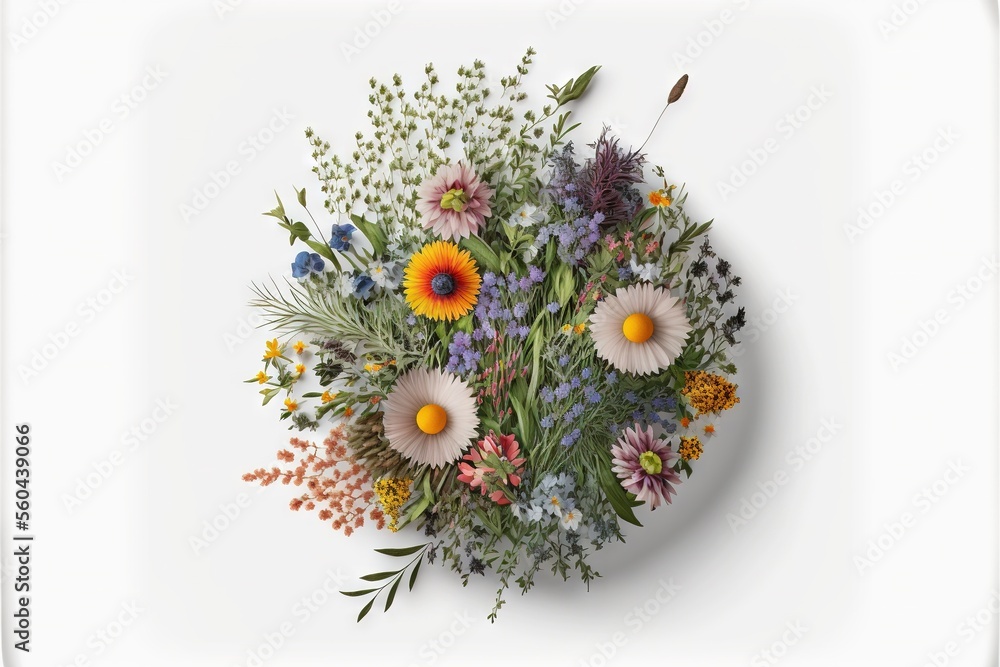 Poster a bouquet of wild flowers arranged in a circle on a white background with a white background and a w
