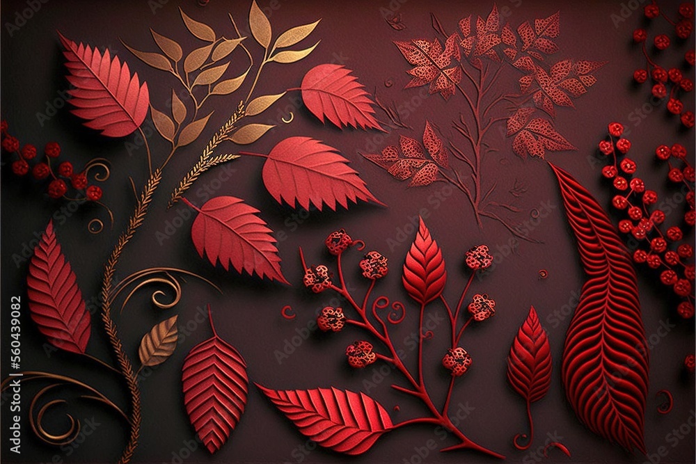 Poster a painting of red leaves and berries on a black background with gold accents on the edges of the ima