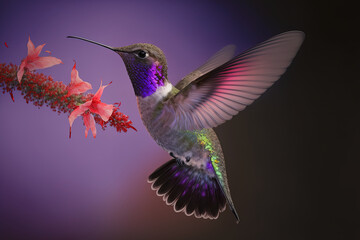 Anna's Hummingbird in flight with purple flower. Generative AI