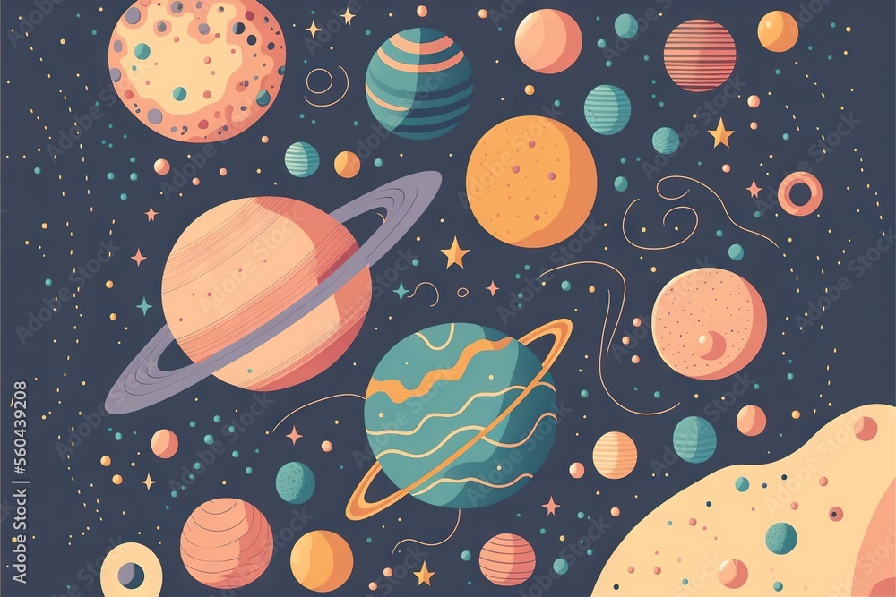 Poster a space scene with planets and stars in the sky, and a blue background with a black background with 