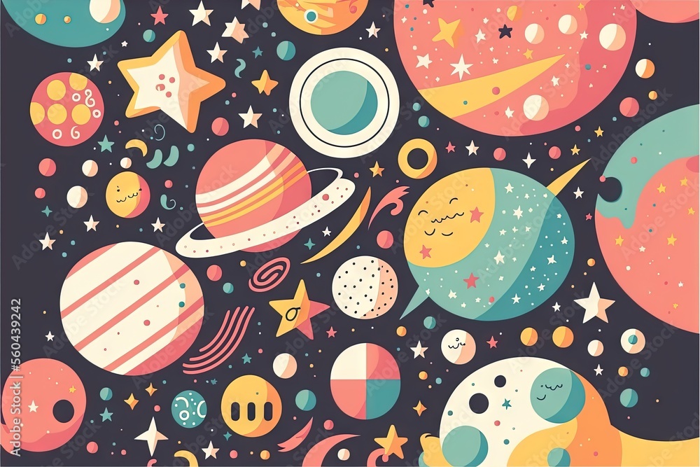 Poster a colorful space scene with planets and stars on a black background with a blue sky and stars in the