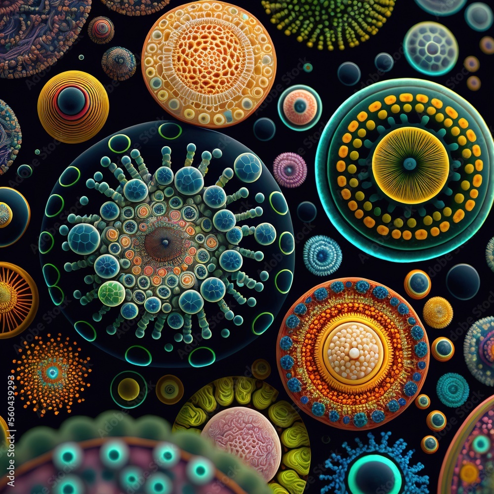 Poster a painting of many different colored circles and dots on a black background with a black background 