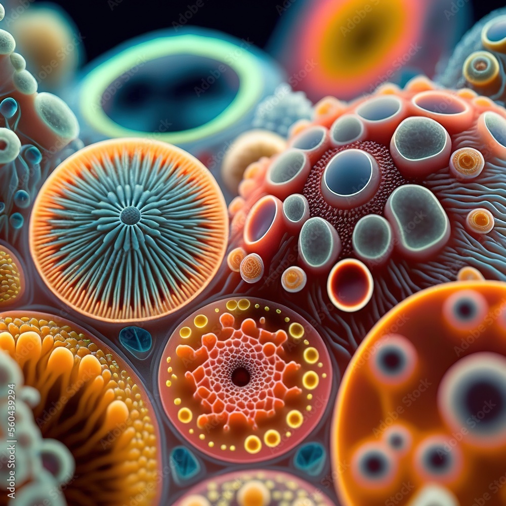 Poster a close up of a bunch of different colored objects in a picture with a black background and a blue s