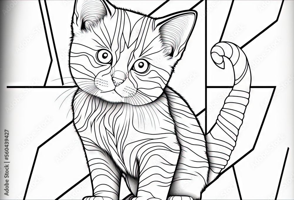 Poster a cat sitting on a table with a geometric background in the background and a line drawing of a cat o