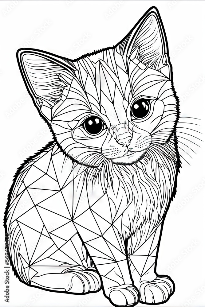 Poster a cat with a geometric pattern on it's face and eyes, sitting down, looking at the camera, with a wh