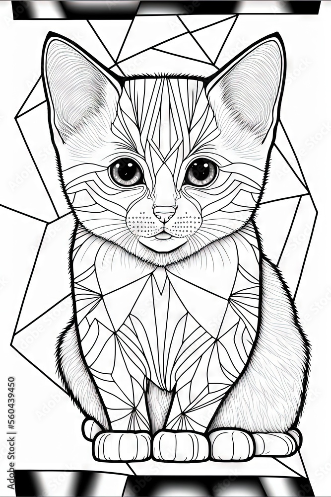 Poster a cat with a geometric pattern on it's chest and eyes, sitting on a table with a black and white bac
