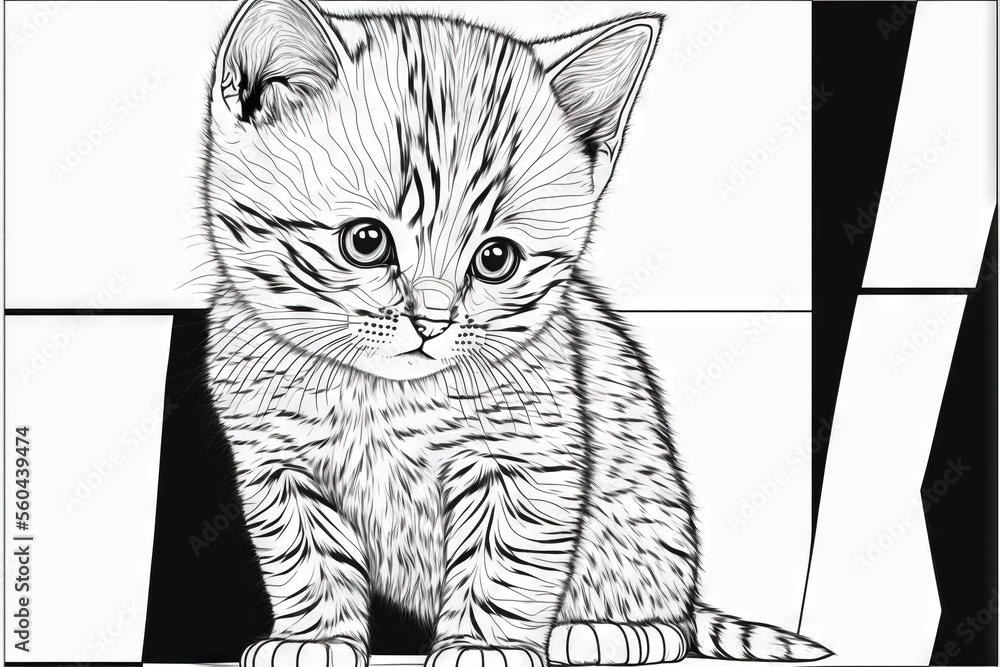 Poster a black and white drawing of a kitten sitting on a checkered floor with a black and white background
