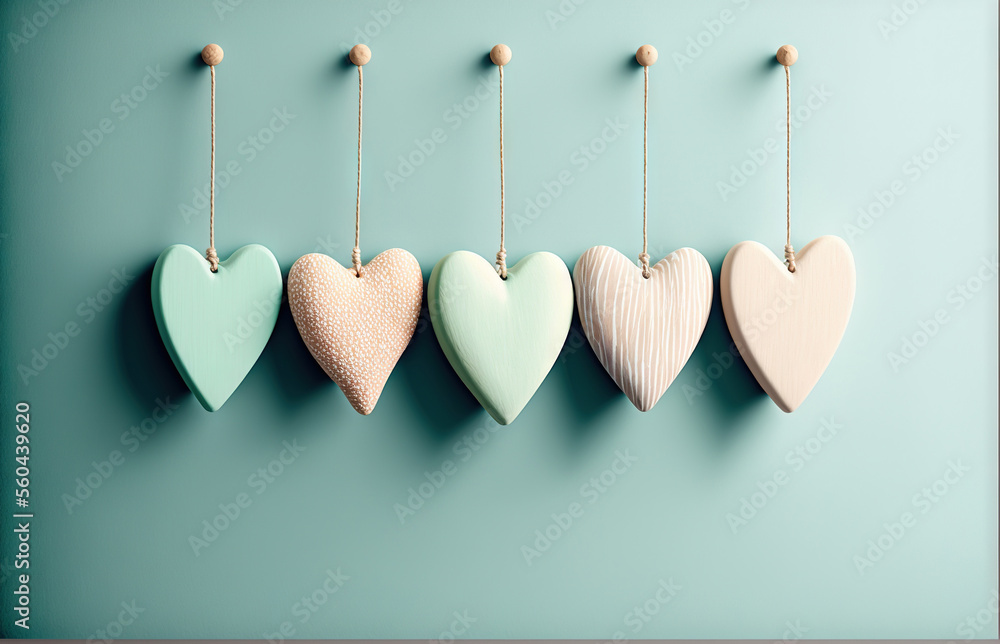 Poster a row of heart shaped ornaments hanging from a line on a wall with a blue background and a light gre