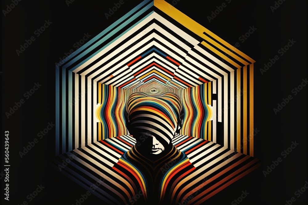 Poster  a colorful abstract image with a person in the center of the image and a black background with a yellow line in the center of the image and a yellow line at the center of the image., generative ai