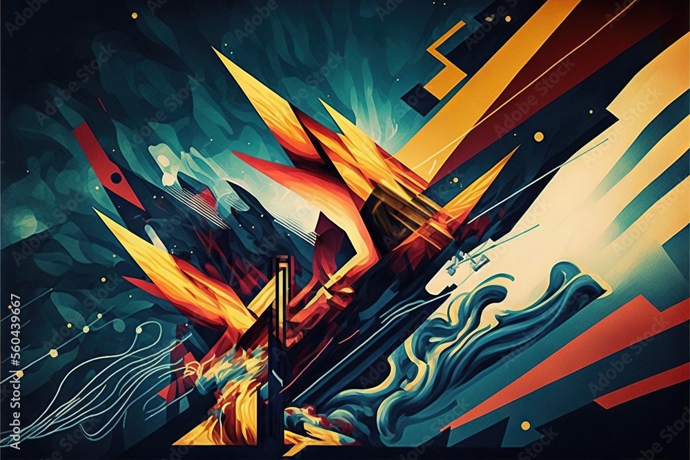 Poster a painting of a bird flying over a city at night time with bright colors and a black background with