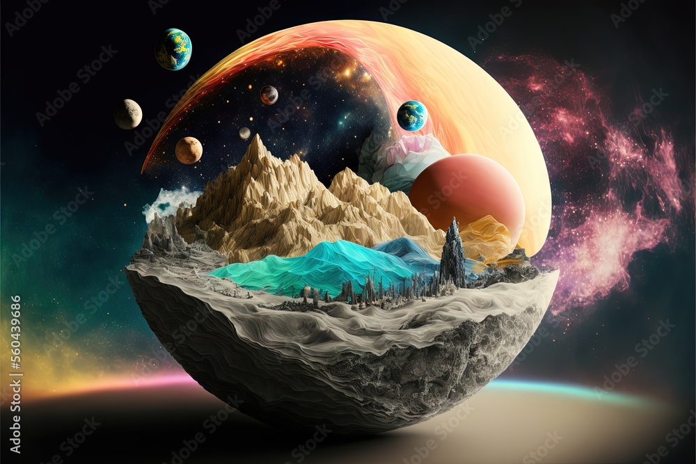Poster a planet with mountains, planets and a sky background with stars and clouds, and a distant mountain 