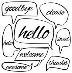 set hand drawn speech bubbles of goodbye, please, hello, help, welcome, sweet, thanks, awesome. vectordesign illustration