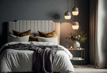 Modern bedroom interior with cozy bedding. Generative ai