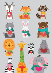 Valentines day cute animals set with deer, fox, raccoon, wolf, rabbit, bear, lyon, giraffe, panda, hypopotamus, zebra, elephant. Childish print for cards, stickers, apparel and nursery decoration