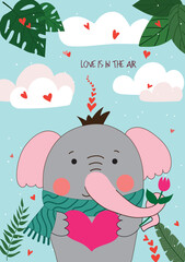 Cute hand drawn Valentines Day card with funny Elephant with Heart and caption love is in the air on the background of sky with clouds, hearts, green leaves
