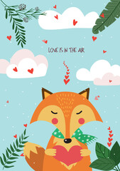 Cute hand drawn Valentines Day card with funny fox with Heart and caption love is in the air on the background of sky with clouds, hearts, green leaves