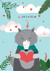 Cute hand drawn Valentines Day card with funny wolf with Heart and caption love is in the air on the background of sky with clouds, hearts, green leaves