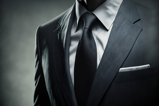Close-up at a gentleman which is wearing business uniform suit with black necktie. Generative Ai image.