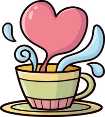 Soft and funny cup of coffee with heart shape smoke cartoon illustration.