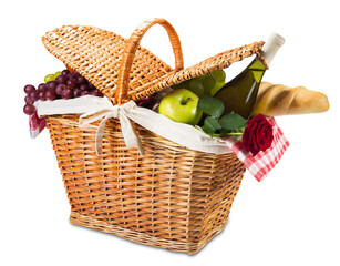 Romantic picnic concept, Basket with fruit and wine