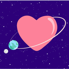 The Earth with the Μoon in orbit around a big heart in the universe.