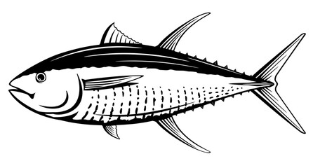 Yellowfin tuna from one side in black and white color, isolated