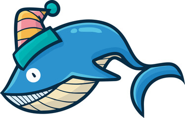 Funny big blue whale cartoon character wearing hat