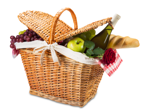 Romantic picnic concept, Basket with fruit and wine