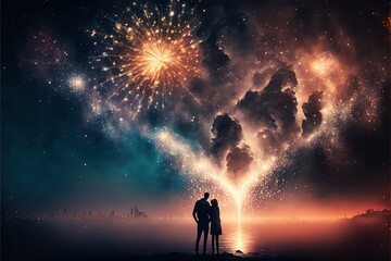 Naklejka na ściany i meble dark sky with beautiful fireworks ,ai, Generative AI