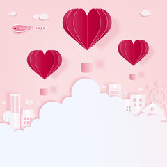 Fototapeta na wymiar Heart balloon and cloud paper art background