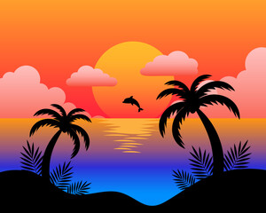 Fototapeta na wymiar Summer seascape, palm trees, sea, dolphin against the backdrop of sunset. Colorful illustration, vector