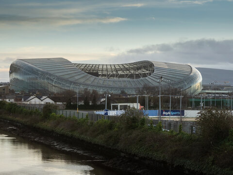 Dublin, Ireland -01.08.2023: Modern style Aviva stadium. Popular sport and music venue.
