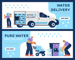 Water delivery and installation web banners set, flat vector illustration.