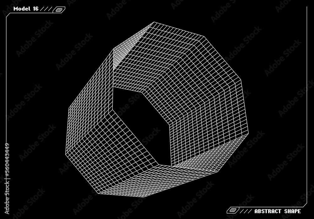 Poster Abstract 3d wireframe shape or basic element with open edge. Science and technology geometric abstraction with deformed shape.