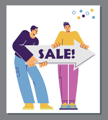 Poster with people holding sign in form of arrow with sale text flat style