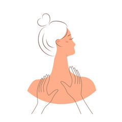 A head and shoulders ow woman on a massage and outline hands. Relax service. 