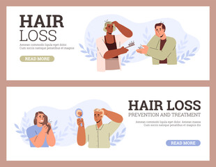 Hair loss web banners set with set balding people, flat vector illustration.